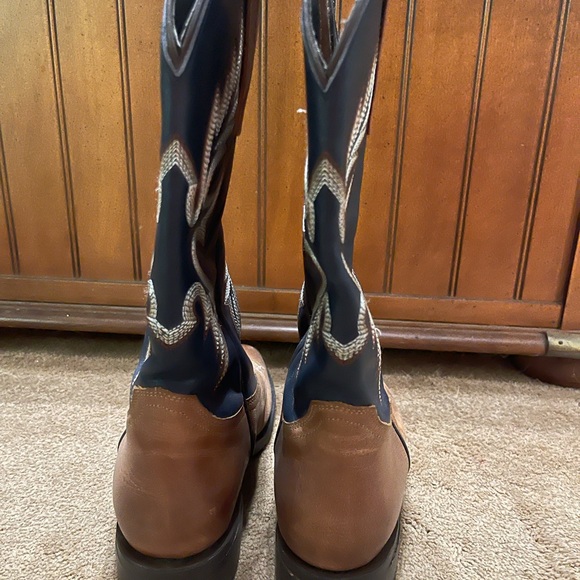 SIZE 8 VTG WOMENS MASTERSON BOOT CO COWBOY NAVY AND BROWN BOOTS SQ TOE - Picture 4 of 11